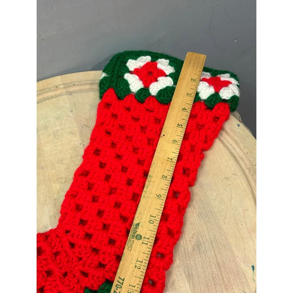 Handmade Crocheted Christmas Stocking Red Green White Granny Square‎ Holiday